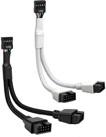 AYHYHLJZJ 2 Piezas Cable Placa Base USB 2.0 9 Pines Splitter, Divisor USB 2.0 1 a 2 con Nylon Trenzado, USB Splitter y Cable Extensión Placa Base, Conector USB Placa Base para PC (Negro,Blanco)