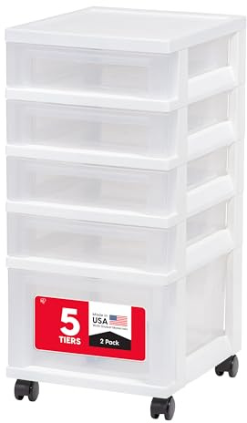 IRIS USA Craft Plastic Organizers and Storage, Rolling Storage Cart for Classroom Supplies, Storage Organizer for Art Supplies, Drawer Top Organizer for Small Parts, 5 Drawers, White/Clear
