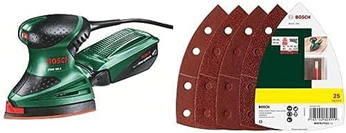 Bosch Multischleifer PSM 160 A, 3 Schleifblätter, Karton (160 W, Schwingkreis-Ø 1,6 mm) + 25tlg. Schleifblatt Set (verschiedene Materialien, Körnung 40/80/120/180, 11 Löcher)
