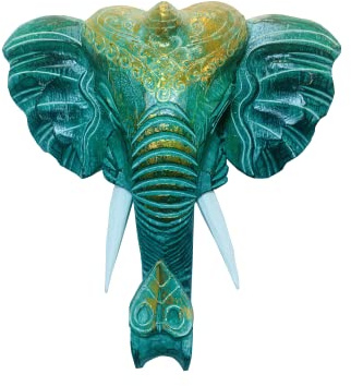 My Family House Elephant Wall Mask - Green Gold Hanging Wooden Hand Carved Art Fair Trade Hand Painted Animal African Safari Masks Boho Bohemian Style Decor