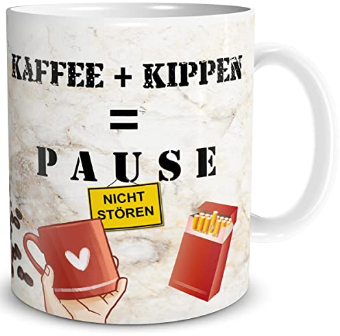 TRIOSK Tasse mit Spruch lustig Kaffee Kippen Pause Morgenroutine Geschenk für Männer Frauen Kaffeeliebhaber Büro Kollegen, Keramik 300ml