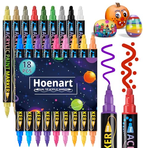Hoenart Acrylfarben stifte, Acrylstifte für Steine Wasserfest 18 Farben Dual Tip Tifte für Steine Bemalen, Multimarker Doppelspitze Acryl Permanent Marker für Holz, Leinwand, Glas, Papier, Fotoalbum