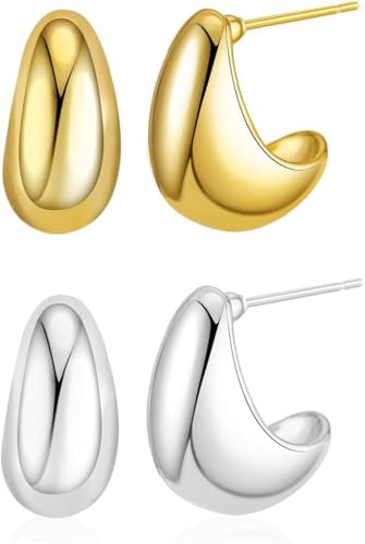 TOEECY 2 Paia Orecchini Goccia Vuoti Lucidi Placcati Oro Argento Eleganti Minimalisti Geometrici Donna Lobo Stile Classico
