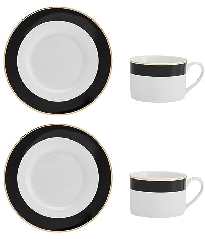 MIKASA Luxe Deco 2pc Fine China Tea Cup & Saucer Set - Band Pattern, 200ml, Gift Boxed