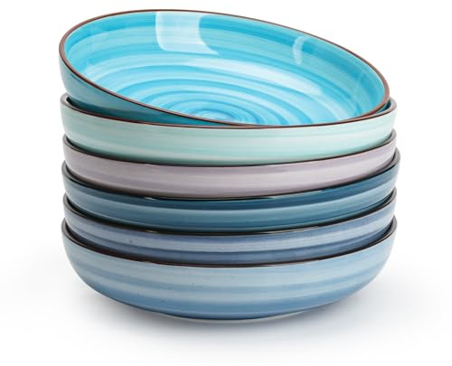 KitchenTour Large Pasta Bowls 34 oz, Ceramic Salad Serving Bowls Set of 6, 8.6 Inch Wide and Shallow for Soup- Dishwasher and Microwave Safe, Assorted Cool Colors