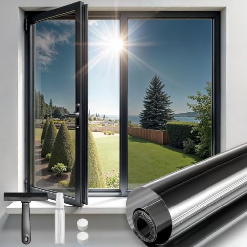 Qualsen Fönsterfilm för ena hållet, se ut men inte in, insynsskyddsfilm för glasfönster, reflekterande spegelfilm, anti-UV, icke-självhäftande, statisk, för hem, kontor (svart-silver, 44,3 x 200 cm) | Solfilm anti-UV-värmefönster, icke-självhäftande elektrostatisk fönstervy för hem och kontor