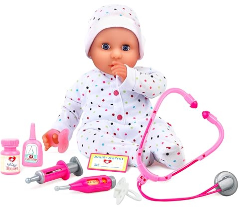 DOLLSWORLD från Peterkin, Dolly Doctor docka, 46 cm, mjuk docka med vinyllemmar, sovögon, lyxig outfit, medicinskt rollspelstillbehör och nappar, dockor och tillbehör, från 3 år