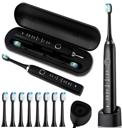 Sonic Electric Toothbrush Electric Toothbrushes Adults 8 Brush Heads Travel Case Wireless Charging 5 Cleaning Modes 2 Minute Smart Timer Sonic Toothbrushes Ultra Whitening IPX7 Waterproof