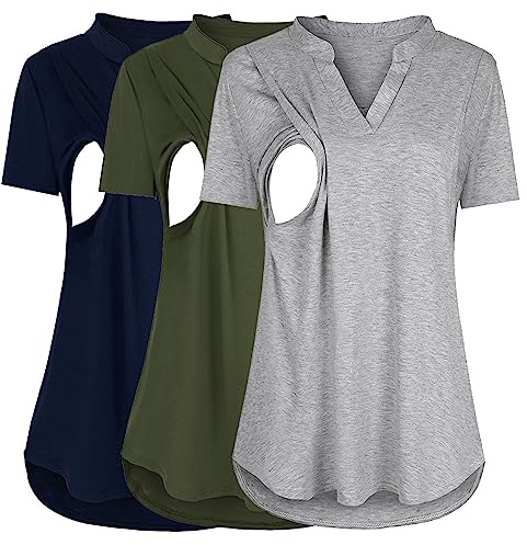 Top da allattamento da donna, per premaman, estivo, per l'allattamento, confezione da 3 magliette da allattamento a maniche corte, per allattamento, verde+blu scuro+grigio, M
