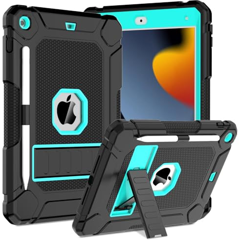 TOPWANT Case for iPad 9th 8th 7th Generation (10.2 inch, 2021/2020/2019), Shockproof Protective iPad 10.2 Case with Built-in Stand/Pencil Holder, Black+Turquoise