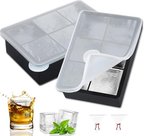Gucass 2 Pezzi Ghiaccio Stampo 6 Scomparti 5CM, Cubetti Ghiaccio Silicone Grande con Coperchio, Quadrato Stampi per Ghiaccio, Senza BPA, per Whisky Cocktail Succo e Alimenti per Bambini