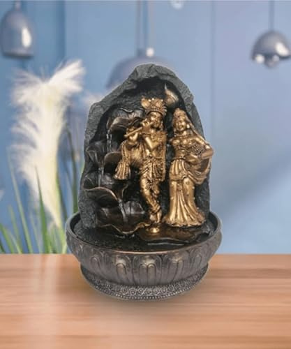 Radha Krishna Tabletop Water Fountain, Decorative Indoor Fountain with LED Lights, Antique Gold and Black
