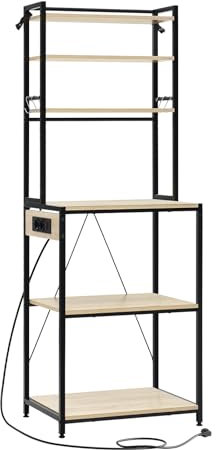 WOLTU 6-stöckiges Küchenregal mit Steckdosen, Mikrowellenregal mit 6 Haken, Bäckerregal mit Metallrahmen, verstellbare Ablage, Schwarz+Helle Eiche, 60 x 167 x 40 cm