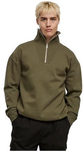 Urban Classics Tröja för män, Cut & Sew Troyer, avslappnad herrtröja med hög krage och halv dragkedja, storlekar S – 5XL, OLIV, XL
