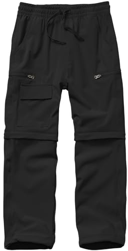 linlon Boys Kids Hiking Cargo Pants, Youth Outdoor Quick Dry UPF 50 Lightweight Waterproof Climbing Caming Safari Convertible Pants #9022-Black-S