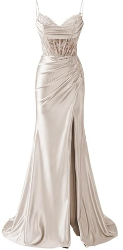 Abiti da damigella d'onore con spalline sottili appliques in pizzo abiti da ballo con fessura formale da sera party maxi abito AH171, avorio, 40