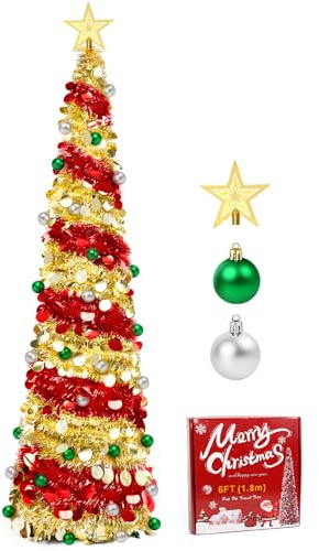 YHANEC Árbol de Navidad Artificial Plegable de 180 cm con Bolas de Estrella y Soporte, para decoración de Navidad, Verde + Plata, decoración de Oficina (Rojo+Dorado)