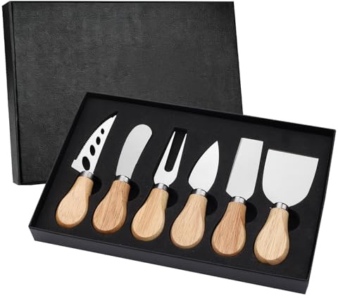 Set di 6 Coltelli per Formaggio con Forchetta e Spalmatore, Collezione di Coltelli da Formaggio in Acciaio Inossidabile a Manico in Legno Legno di Acacia, Elegante per Tagliere Formaggi, Cucina Regalo