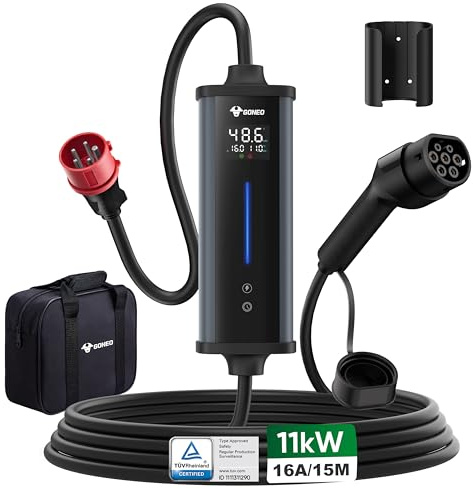 GONEO Mobil Väggbox 11kW 15m, CEE 16A till Typ 2 Laddningskabel, 3-fas, Justerbar 6/8/10/13/16A, Typ A Jordfelsbrytare 30mA AC+6mA DC | Timer | Temperaturövervakning | IP66, Passar EV och PHEV