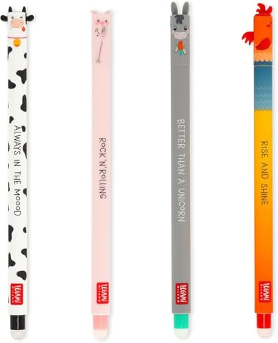 Legami - Set di 4 Penne Gel Cancellabili Farm Sweet Farm, Penne con Inchiostro Cancellabile Termosensibile, Nero, Rosa, Verde, Rosso, Cancella Senza Consumare il Foglio, Punta 0,7 mm