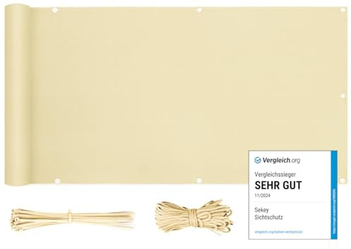 Sekey Balkon Sichtschutz Balkonabdeckung Balkonverkleidung blickdichte Wind- und UV-Schutz, 100% Privatsphäre, mit Ösen, Nylon Kabelbinder und Kordel, 75 x300cm Beige