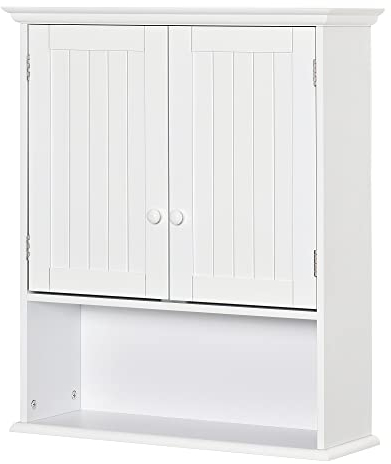 kleankin Armario Baño de Pared con 2 Puertas Estante Interior Ajustable y Compartimento Abierto Mueble Auxiliar Suspendido Multiusos para Cocina 60x20x70,5 cm Blanco