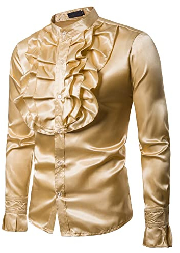 Hombre Camisa de Vestir Camisa Vintage de Volantes con Manga Larga y Cuello Henley Hombre Blusa Brillante Esmoquin de Fiesta Camisa Ajustada Shirt Delgado Club Ceremonia Graduación (Dorado, XL)