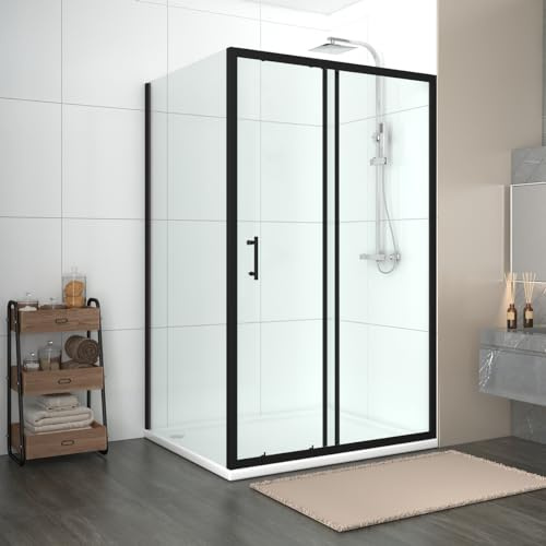 NRG 1200 x 1000mm Sliding Shower Enclosure Matte Black Framed Bathroom Cubicle Screen Door with Side Panel