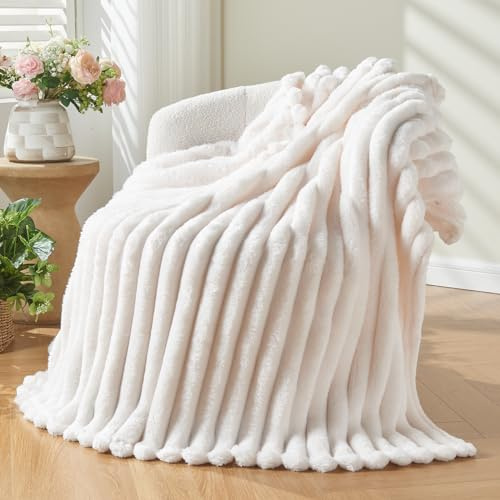 NEWCOSPLAY Fleece Ribbed Cozy Throw Blanket for Couch, Ivory, 50x60