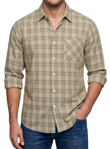 Enlision Mens Plaid Shirt Long Sleeve Check Work Shirts for Men Smart Casual Button Down Checked Lumberjack Top with Pocket Regular Fit, Beige, L