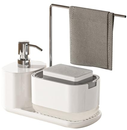 Set Dispenser Sapone Cucina con Supporto per Strofinacci,Porta Sapone Cucina e Porta Spugna per Lavello,Dispenser di Detersivo Ricaricabile,Bianco