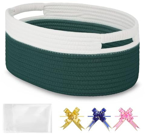 BOSROTY Small Woven Gift Basket with Bag & Ribbons, Dark Green | Cotton Rope, 33x23x14 cm, Ideal for Kids, Women & Men, Bedroom, Living Room, Nursery & Bathroom Storage, Cat & Dog Toy Boxes