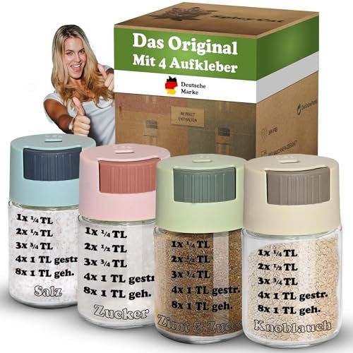 4er-Set Zuckerdosierer Glas – Zuckerspender & Streuer Set – BPA-frei, luftdicht, spülmaschinengeeignet – Gewürzstreuer Glas 100 ml mit Klickdosierung (¼ TL) & Retro-Skala für Küche & Aufbewahrung
