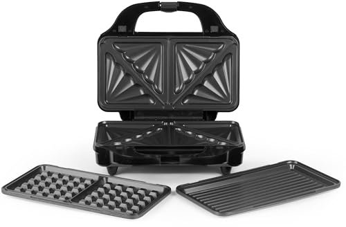 Salter Máquina para botanas - tostadora de sándwiches, máquina para hacer gofres, parrilla de prensa para panini, placas calefactoras extraíbles de llenado profundo, antiadherente, 900 W, EK2143TFVDE