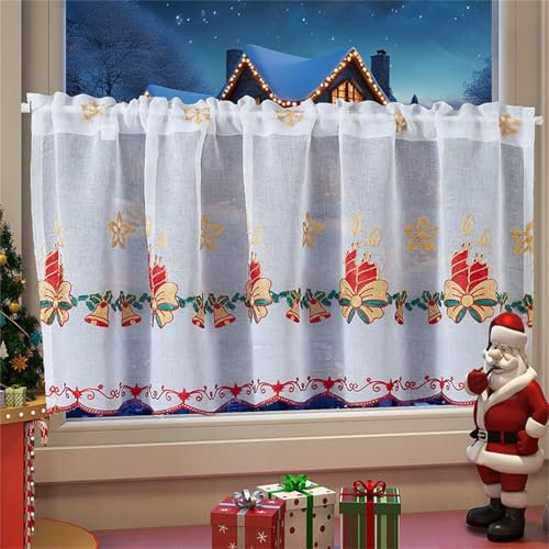 champracer Scheibengardine Weihnachten, bistrogardine modern, landhausgardinen, Bestickt farbenfroher Kurzstore, küchenvorhänge, für Kleine Fenster Badezimmer KüChe (A,HxB 60x150 cm)