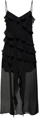 ONLY Onlsine Robe Longue à Volants et Bretelles de Vie pour Femme WVN Élégante été à Volants, Noir, M, Noir, M