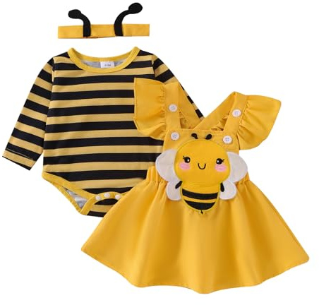 Tutina autunnale per neonata e bambina, con ape, volant, gonna, fiocco, fascia per capelli, set da 3 pezzi, 0-18 mesi, Giallo, 3-6 Months