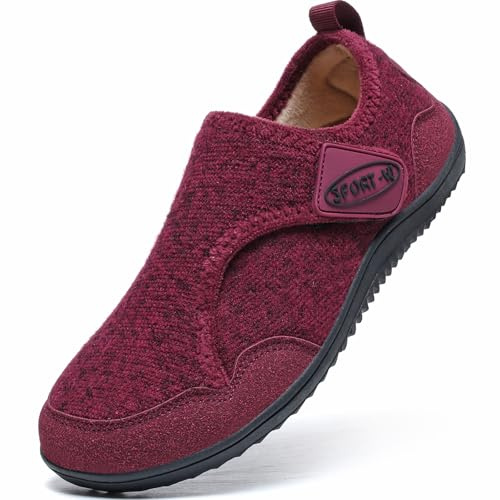 TETSUO Mens Slippers Womens Walking Wide Diabetic Shoes Warm Velvet Lining Soft Barefoot Slippers for Edema Swollen Feet Adjustable House Shoes Non-slip Indoor Outdoor