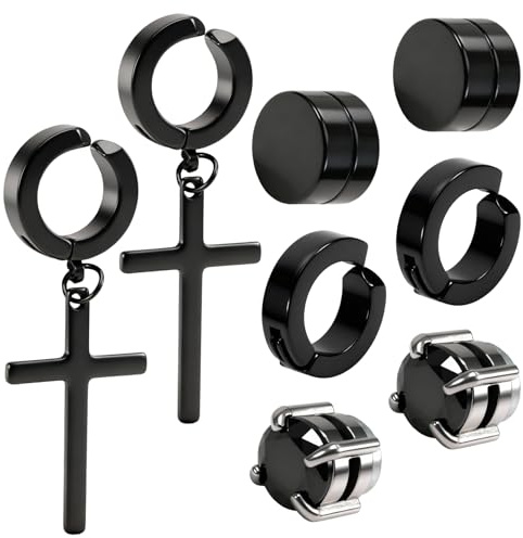 kodivenj 4 Pairs Magnetic Earrings for Men Women, Non-Pierced Magnetic Stud Earring, Stainless Steel Round Cubic Set, Black Stud Earrings, Non Piercing Cross Fake Earring, Small Hoop Earrings