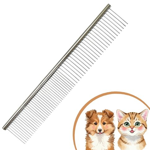 Metal Pet Comb for Dogs and Cats | Rust-Resistant Stainless Steel Dog & Cat Grooming Comb for Long Hair | Professional Pet Comb for Detangling Fur, Removing Knots & Mats