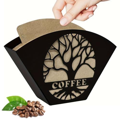 EAAGHK Porta Filtri per Caffè a Parete Nero, Supporto per Filtro da Caffè con Motivo a Albero Traforato, Portatovaglioli da Tavolo Metallo per Contenere Filtri per il Caffè, Tovaglioli, Cartoline