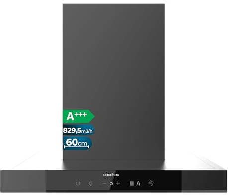 Cecotec Cappa Aspirante a T 60 cm Bolero Flux TT 609500 Slim Dark Inox A+++. Aspirazione 829,5 m³/h, Controllo Gestuale e Doppio Booster, Filtri Lavabili, Classe A+++, Sensore di Calore