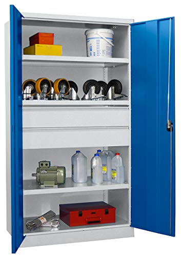 Pavoy | Schwerlastschrank | Höhe 1950 mm | 3 Fachböden | 2 Schubladen | grau/blau