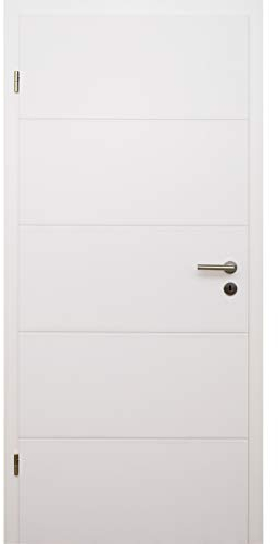 HORI® Zimmertür Komplettset mit Zarge und Türdrücker I Innentür weiß lackiert mit 4 Querstreifen I Höhe 198,5 cm I Anschlag, Breite und Wandstärke wählbar I DIN links I 1985 x 860 x 80 mm