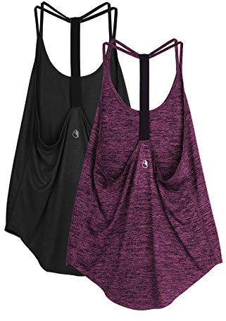 icyzone Workout Tank Tops for Women - Gym Yoga Shirts, T-Back Sport Running Tank Top, 2-Pack (S, Black/Red Bud)