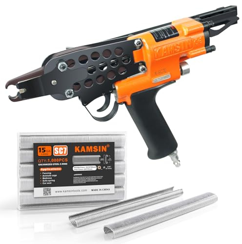 Kamsin K-SC7E Kit de pistolet pneumatique à long nez de calibre 15 – Agrafeuse à anneau en C de 1,9 cm avec 1000 agrafes (fermeture de 7 à 8 mm) – Alimenté par air pour cages métalliques, clôtures