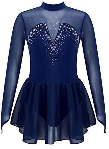 ranrann Robe Patinage Artistique Fille Enfant Manche Longue Strass Justaucorps Gymnastique Robe Danse Classique Ballet Bodysuit Sport Brillant Costume Spectacle 5-14 Ans Bleu Marine 9-10 Ans