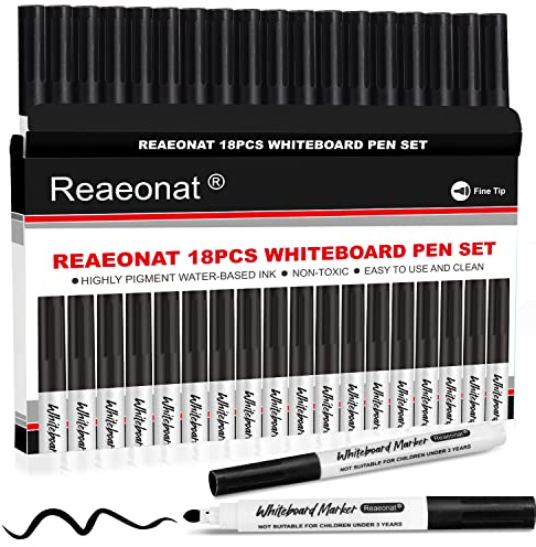 Reaeonat Black Whiteboard Markers, 18 Pack Dry Erase Fine Tip White Board Pens Ink Marker for Home, Office Uses