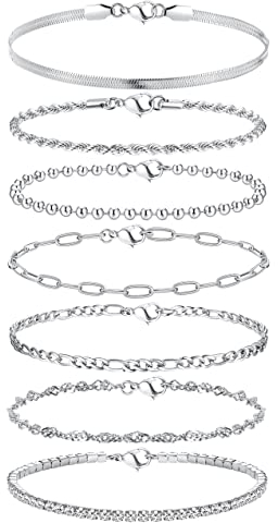 Adramata 7Pcs Ketten Armbander für Damen 14 Karat Vergoldet Armkette Twist Figaro Kettenarmbänder Verstellbar CZ Modeschmuck Set Silber Gold für Mädchen