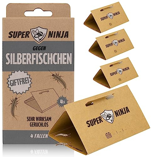 Super Ninja Silberfische bekämpfen – 4 Stück, Silberfischfalle mit integriertem Lockstoff, geruchlos & ungiftig, für Küche, Bad und Keller – Wirkt bis zu 3 Monate